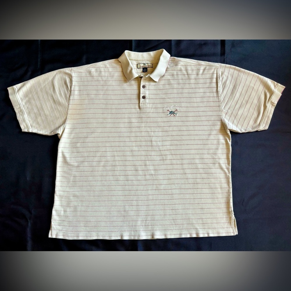 Tommy Bahama Polo Shirt Men’s XXLarge Short Sleeve Yellow with Burgundy Stripes